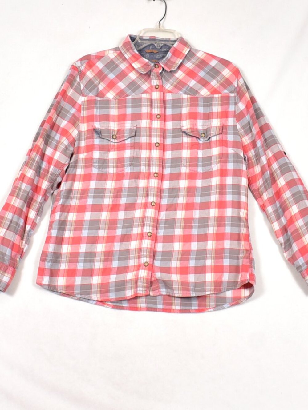 Jacks Girlfriend Flannel Shirt Pink & Gray Plaid Pearl Snaps Sz Large Flawed